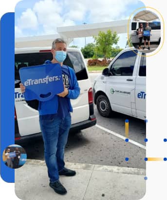 Photograph of a Cancun airport transportation client holding the etransfers logo on his back are two passenger vans labeled with etransfers logos.